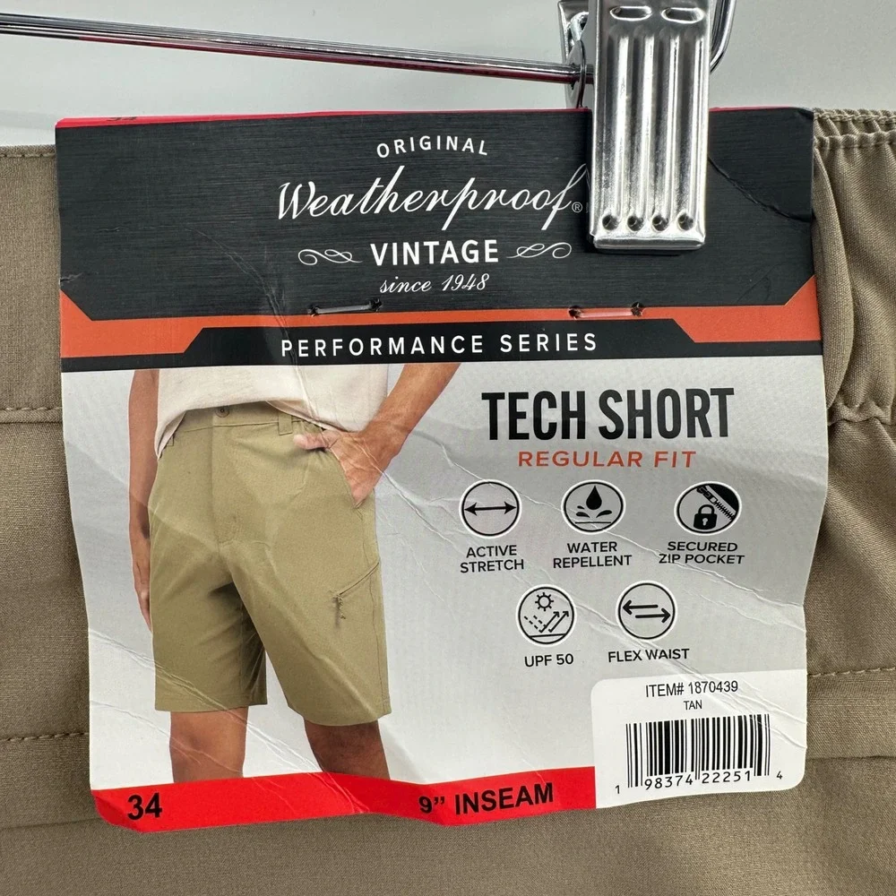 Weatherproof Vintage Men Tech Short 34 Tan Performance Active Stretch UPF 50 NWT
